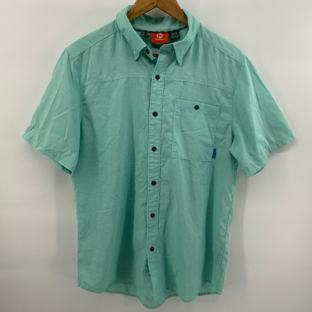 Merrell Mens SelectWick Short Sleeve Button Down Shirt Seafoam Green Medium